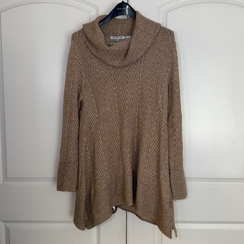 Eight Eight Eight Womens XL Tan Cotton Cowl Neck Sharkbite Hem Tunic Sweater